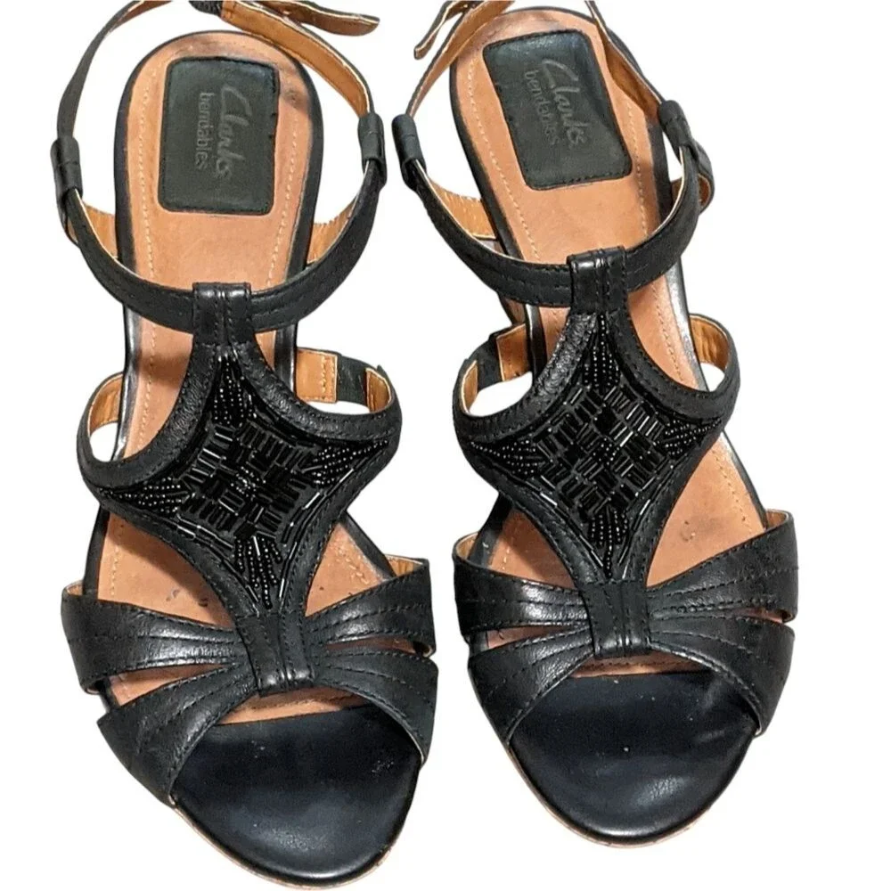 Clark's Black leather sling back cork wedge strappy beaded sandals 10M
